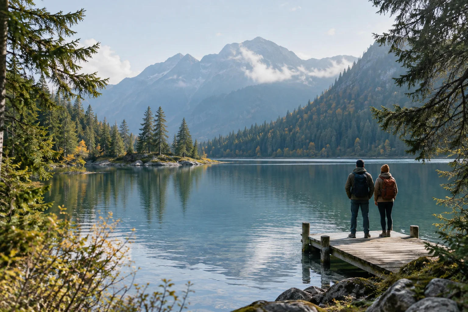 Two hikers looking across a mountain lake from a wooden dock.